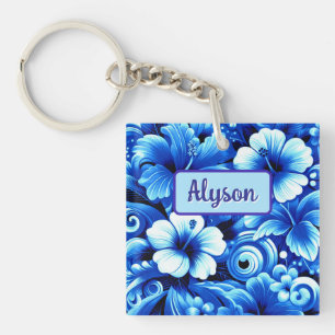 Tropical Hawaiian Flowers Hibiscus Personalized Keychain