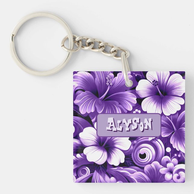 Tropical Hawaiian Flowers Hibiscus Personalized Keychain (Front)
