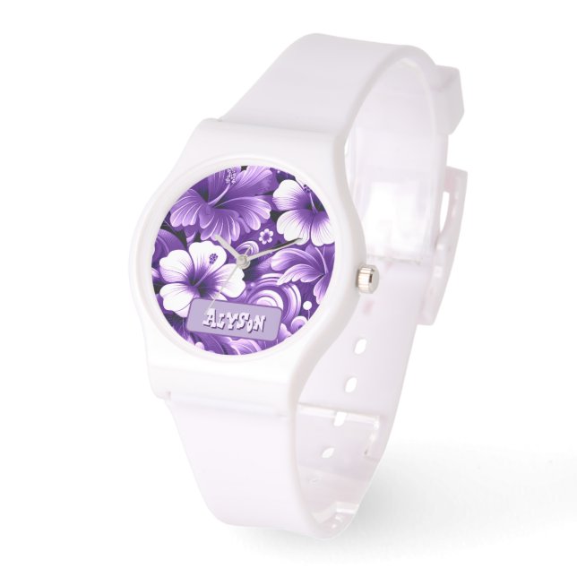 Tropical Hawaiian Flowers Hibiscus Personalized Watch (Angle)