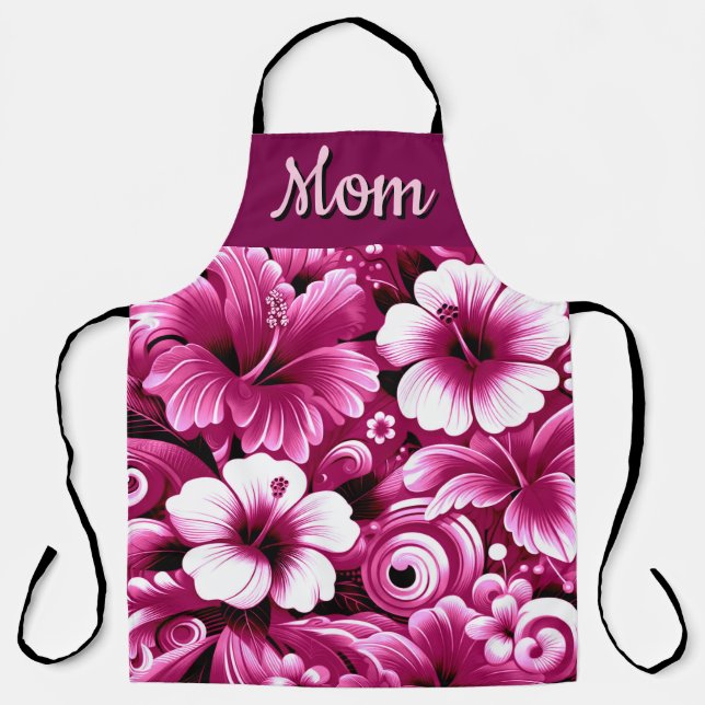 Tropical Hawaiian Flowers Hibiscus Pink Pattern Apron (Front)