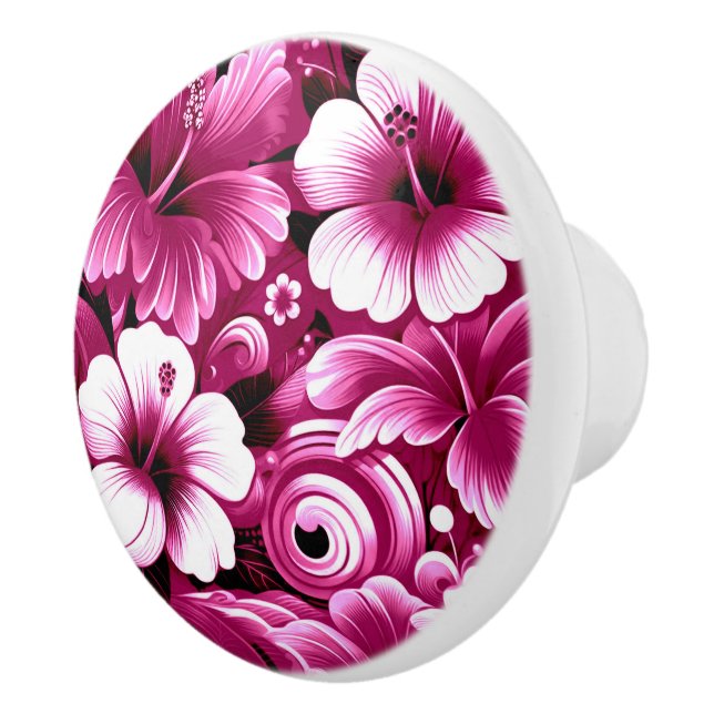Tropical Hawaiian Flowers Hibiscus Pink Pattern Ceramic Knob (Right)