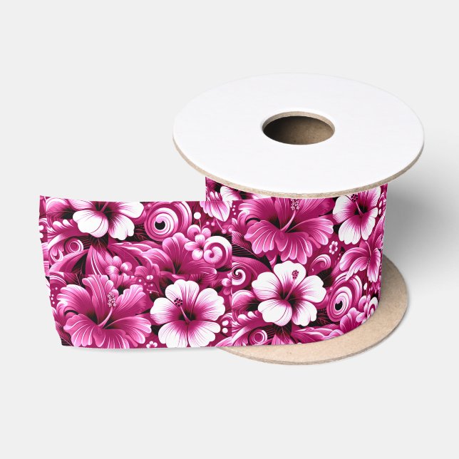 Tropical Hawaiian Flowers Hibiscus Pink Pattern Satin Ribbon (Spool)