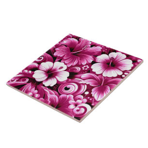 Tropical Hawaiian Flowers Hibiscus Pink Pattern Tile