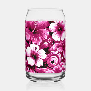 Tropical Hawaiian Flowers Hibiscus Pink White Can Glass
