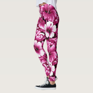 Tropical Hawaiian Flowers Hibiscus Pink White Leggings