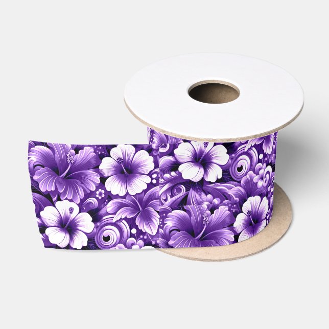 Tropical Hawaiian Flowers Hibiscus Purple Pattern Satin Ribbon (Spool)