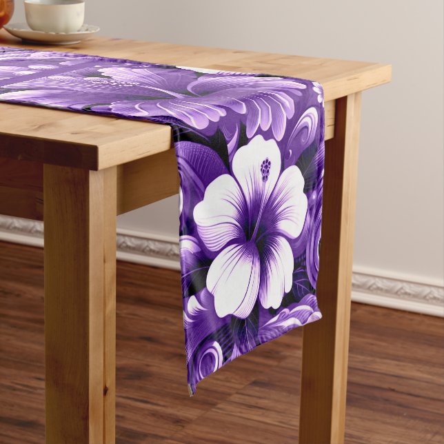Tropical Hawaiian Flowers Hibiscus Purple Pattern Short Table Runner (In Situ)