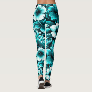 Tropical Hawaiian Flowers Hibiscus Teal Blue Green Leggings