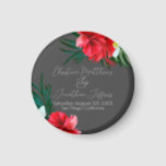 Tropical Hawaiian Flowers on Elegant Grey Wedding Magnet<br><div class="desc">This custom keepsake magnet features a tropical beach or island wedding theme. The background is a simple and elegant grey with colourful,  tropical Hawaiian flowers. Floral bouquets with palm leaves,  hibiscus,  and frangipani flowers accent the borders.</div>