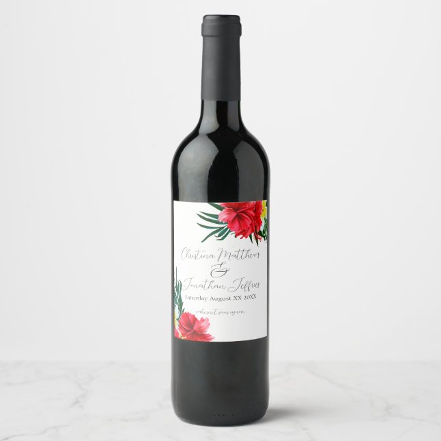 Tropical Hawaiian Flowers on Elegant White Wine Label (Front)