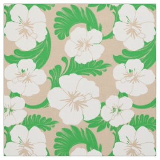 Tropical Hawaiian Hibiscus Floral Khaki Beige Fabric