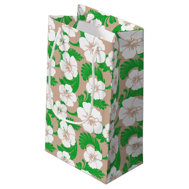 Tropical Hawaiian Hibiscus Floral Khaki Beige Small Gift Bag (Back Angled)