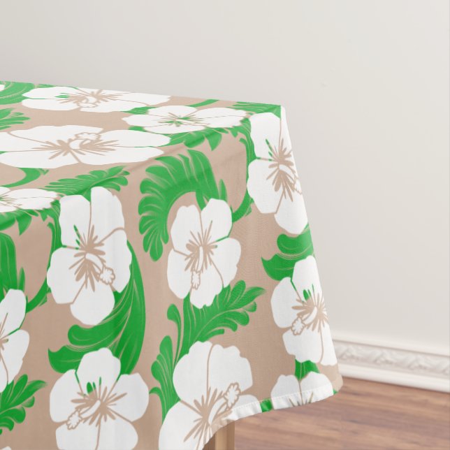 Tropical Hawaiian Hibiscus Floral Khaki Beige Tablecloth (In Situ)