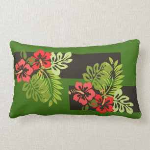 Tropical Hawaiian Hibiscus Flowers Colourful Strip Lumbar Pillow