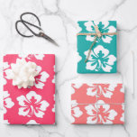 Tropical Hawaiian Hibiscus Flowers Wrapping Paper Sheet<br><div class="desc">Tropical wrapping paper set features a pattern of white hibiscus flowers on aqua blue,  pink and coral backgrounds. Perfect for Hawaiian,  luau,  summer,  island and coastal themes. Original artwork KL Stock.</div>