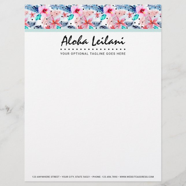 Tropical Hawaiian Hibiscus & Palm Leaf Watercolor Letterhead (Front)
