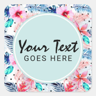 Tropical Hawaiian Hibiscus & Palm Leaf Watercolor Square Sticker
