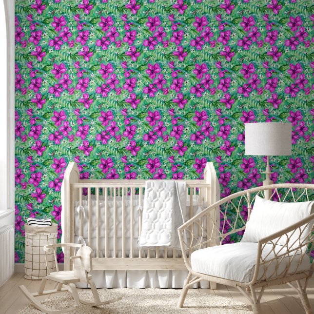 Tropical hawaiian island flowers coastal chic wallpaper (Kids)
