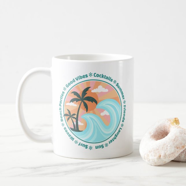 Tropical Hawaiian Island Palm Trees Good Vibes Coffee Mug (With Donut)