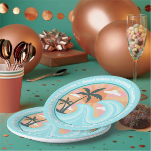 Tropical Hawaiian Island Palm Trees Good Vibes Paper Plate