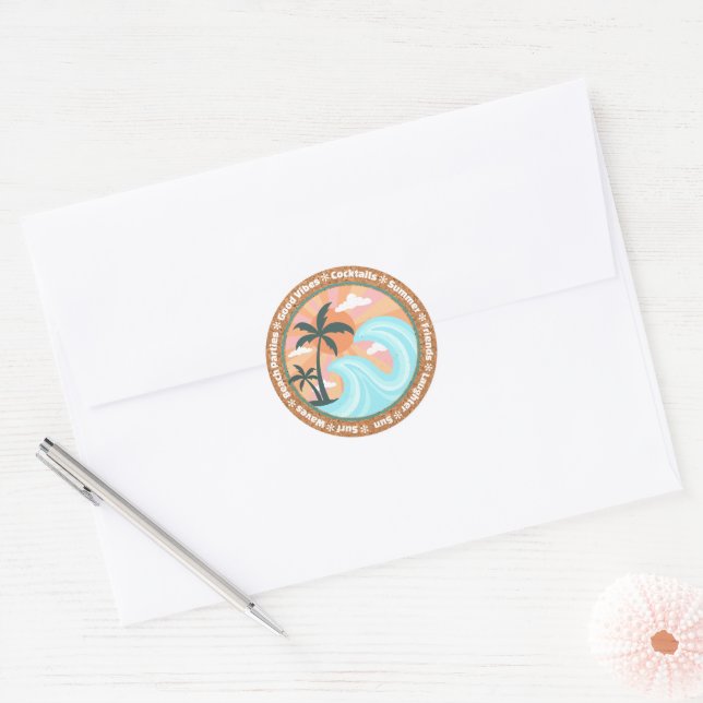 Tropical Hawaiian Island Palm Trees On Faux Cork Classic Round Sticker (Envelope)