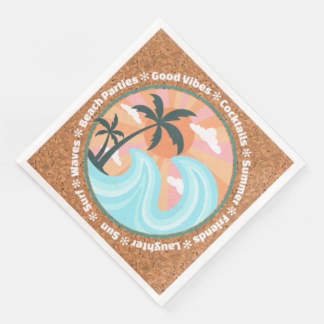 Tropical Hawaiian Island Palm Trees On Faux Cork Napkin (Corner)