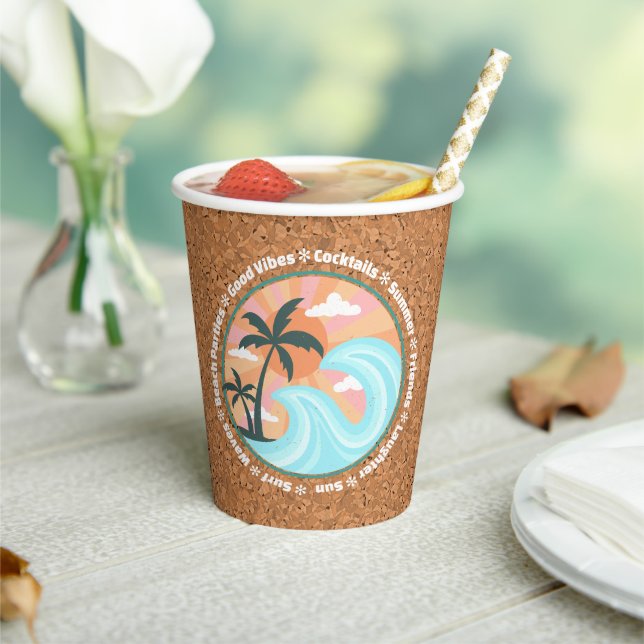 Tropical Hawaiian Island Palm Trees On Faux Cork Paper Cups (Insitu)