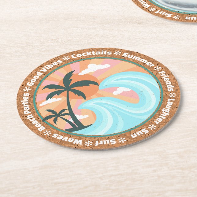 Tropical Hawaiian Island Palm Trees On Faux Cork Round Paper Coaster (Angled)