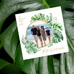 Tropical Hawaiian Mele Kalikimaka Christmas Holiday Card<br><div class="desc">Wish your friends and family a mele kalikimaka this year,  with these tropical photo christmas cards. Featuring a modern tropical greenery leaf frame,  a gold circle,  a family photo,  personalized with your family name and the year.</div>