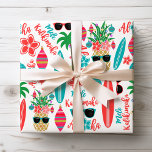 Tropical Hawaiian Mele Kalikimaka Christmas Wrapping Paper Sheet<br><div class="desc">Tropical Christmas wrapping paper features three sheets total - two with the same pattern of surfboards, palm trees with string lights, decorated pineapples, hibiscus flowers, sunglasses, ornaments and the Hawaiian greetings "Mele Kalikimaka" and "Aloha". The third sheet is a diagonal stripe pattern in turquoise, coral and pink. Perfect for beach,...</div>