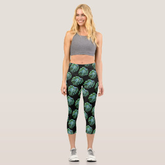 Tropical Hawaiian Monstera Leaf Black Leggings
