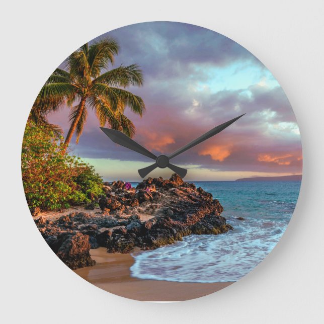 Tropical Hawaiian Palm Tree Sandy Beach Paradise Large Clock (Front)