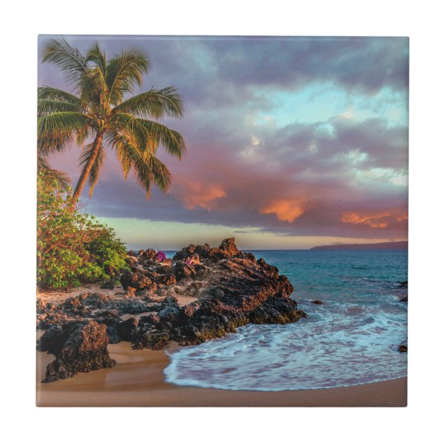 Tropical Hawaiian Palm Tree Sandy Beach Paradise Tile (Front)