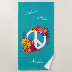 Tropical Hawaiian Peace Love Personalized Blue Beach Towel