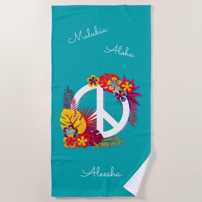 Tropical Hawaiian Peace Love Personalized Blue Beach Towel (Front)