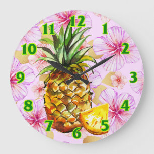 Tropical Hawaiian Pineapple and Pink Hibiscus Large Clock
