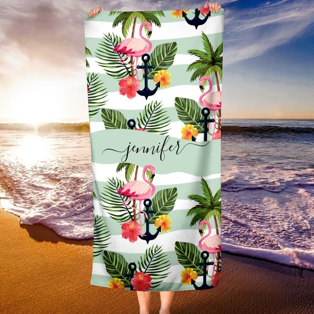 Tropical Hawaiian Pink Flamingoes Palm Tree Leaves Beach Towel (Tropical Hawaiian Pink Flamingoes Palm Tree Leaves Beach Towel)