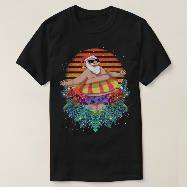 Tropical Hawaiian Summer Funny Santa Claus Christm T-Shirt (Design Front)