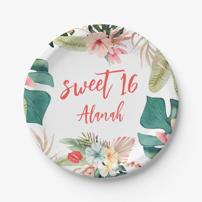 Tropical Hawaiian Sweet 16 Birthday Paper Plate (Front)