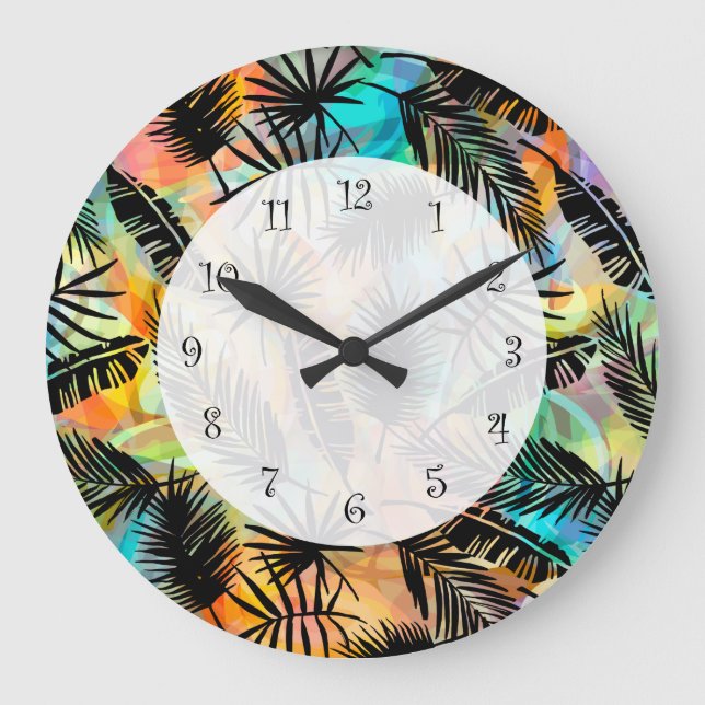 Tropical Hawaiian Theme Palm Leaves Modern Large Clock (Front)