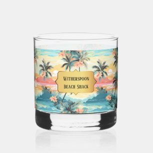 Tropical Hawaiian Vintage Look Beach House or Name Whiskey Glass