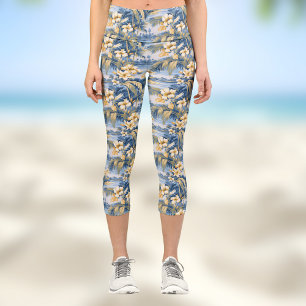 Tropical Hawaiin Yellow Hibiscus Flowers on Blue  Capri Leggings