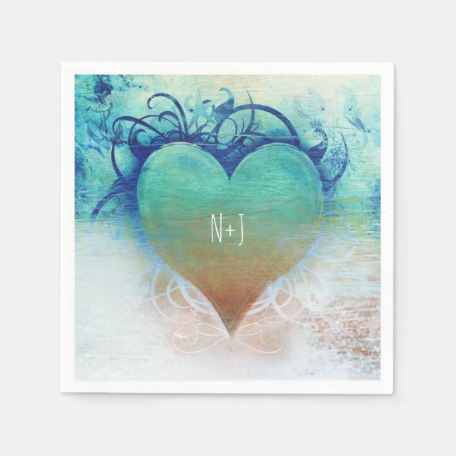 Tropical Heart Blue Grunge Beach Party Napkin (Front)