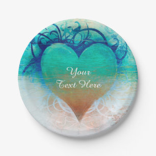 Tropical Heart Blue Grunge Beach Party Paper Plate