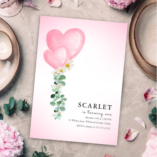 Tropical hearts balloons simple first birthday   invitation (Creator Uploaded)