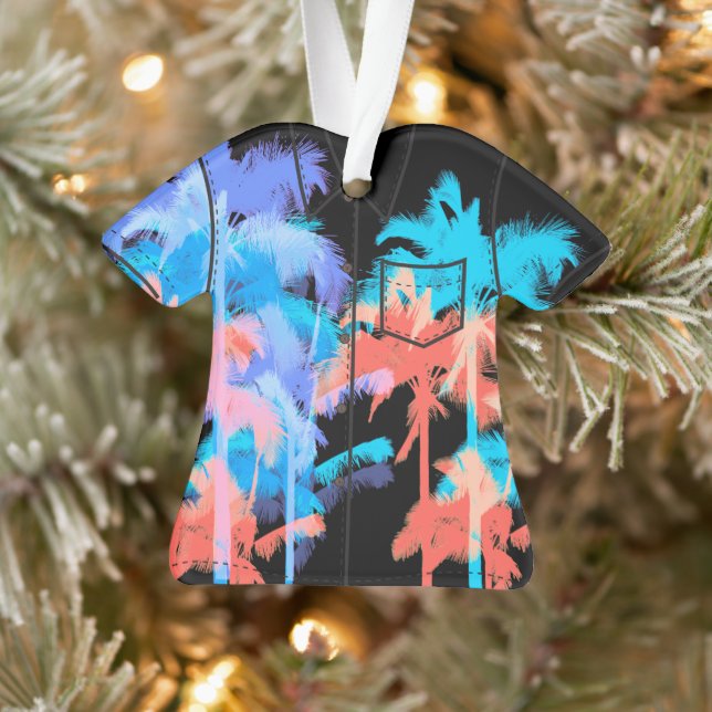 Tropical Heat Wave Neon Hawaiian Palm Aloha Shirt Ornament (Tree)