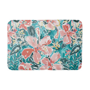 Tropical Hello Hibiscus Watercolor Floral Pattern Bath Mat