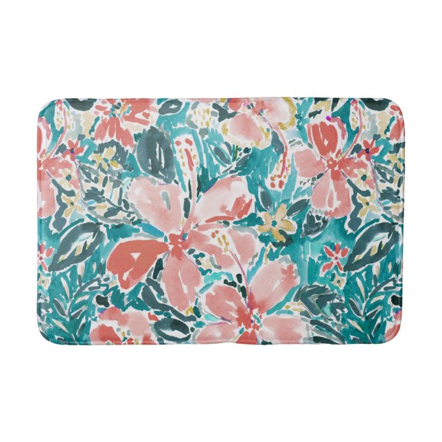 Tropical Hello Hibiscus Watercolor Floral Pattern Bath Mat (Front)