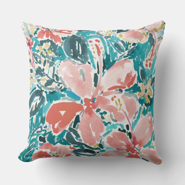 Tropical Hello Hibiscus Watercolor Floral Pattern Throw Pillow (Front)