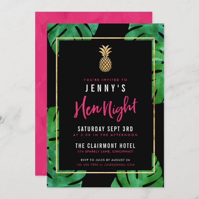 Tropical Hen Night / Pink & Black & Gold Pineapple Invitation (Front/Back)